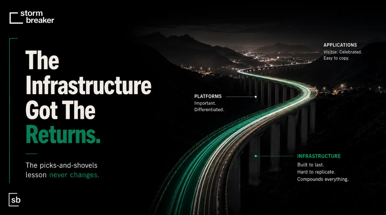 The Infrastructure Got The Returns. The picks-and-shovels lesson never changes: applications are visible, celebrated, and easy to copy; platforms are important and differentiated; infrastructure is built to last, hard to replicate, and compounds everything.